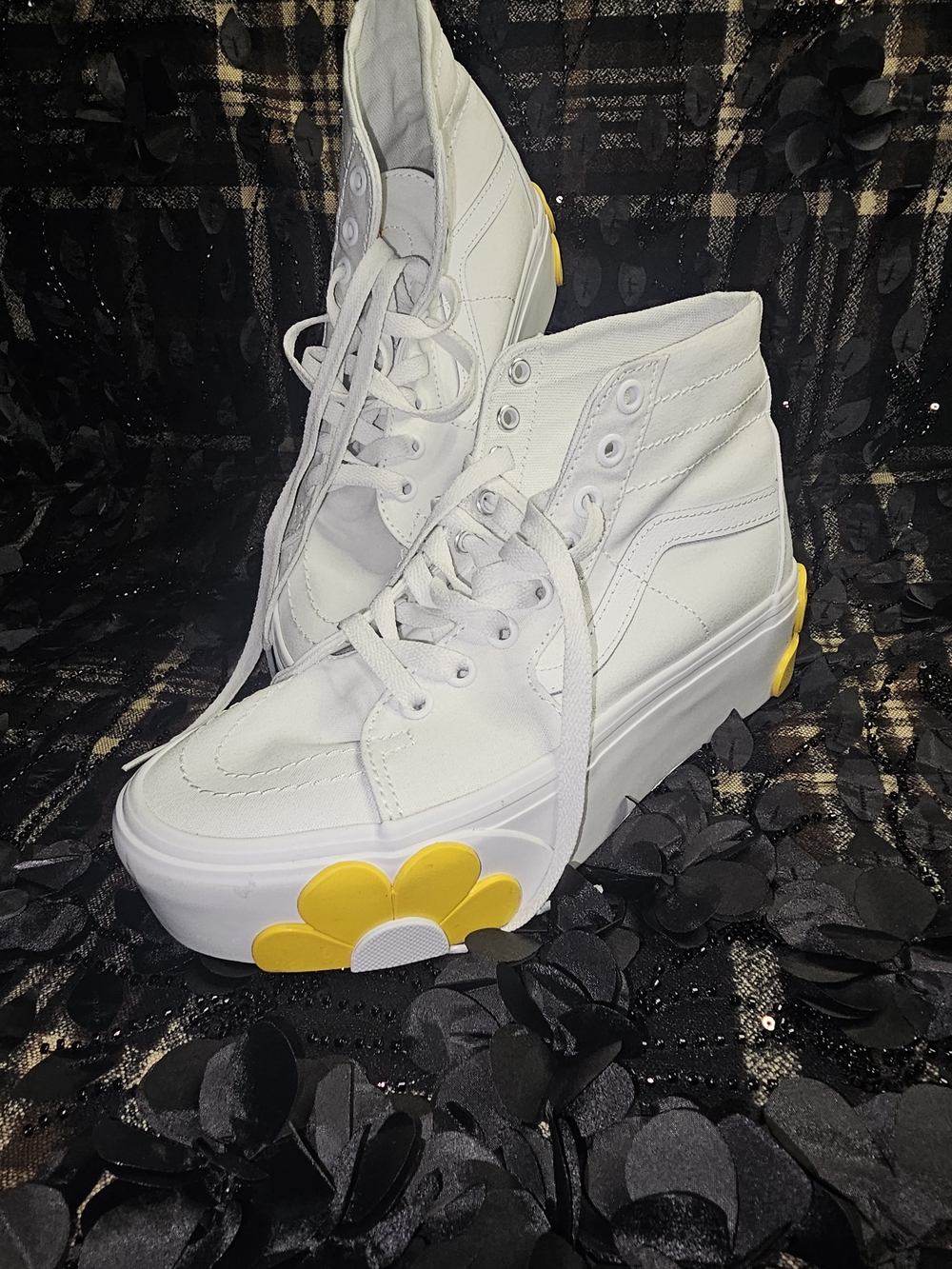 Vans White High-Top Platform Sneakers with Yellow Daisy Detail